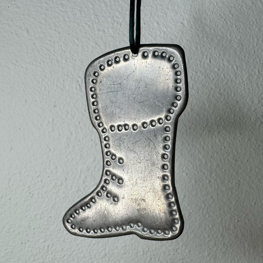 Handmade Tin Punched Silver‎ Colored Snow Boot Christmas Stocking Ornament 1995